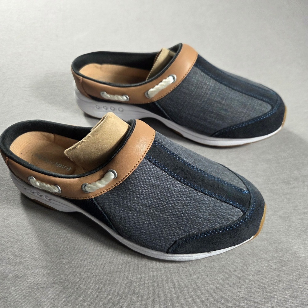 Easy Spirit Travelport 19 Navy Blue Tan Textile Leather Clogs Mules Womens 9M